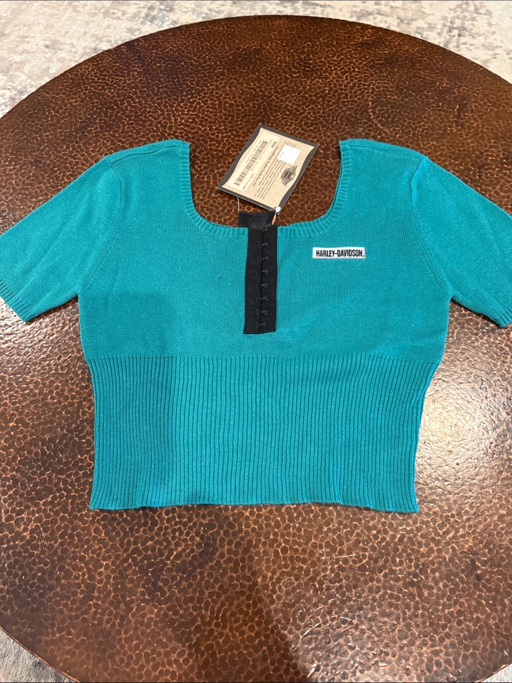 Harley-Davidson Teal Short Sleeve Ribbed Knit Top with Hook Placket